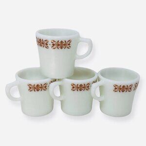 4-Pyrex Brand Tableware by Corning [Copper Filigree] #709 Milk Glass Mugs